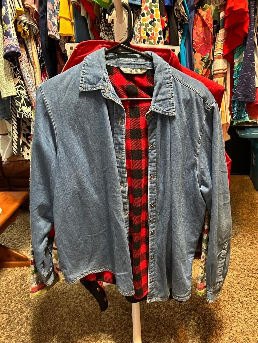 Lee Riders Men's Denim and Red Buffalo Plaid Flannel Lined Shirt Jacket Large
